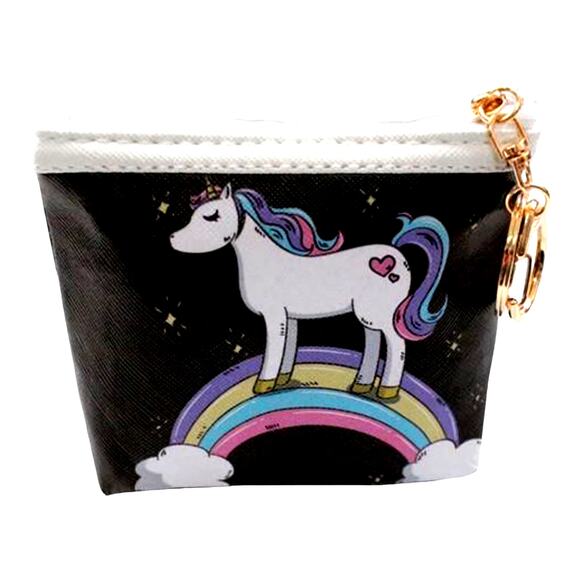 NEW Girls COIN PURSE KEYCHAIN Key Ring Unicorn Rainbow Black Zip Bag Pouch - Picture 4 of 5